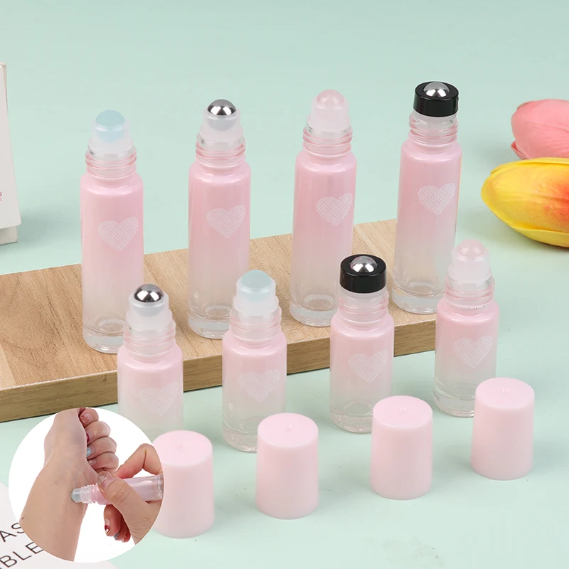 5/10ml Gradient Color Empty Bottle Thick Love Shape Pink Glass Roll On Bottles Roller Ball Bottle For Essential Oil Travel Kit