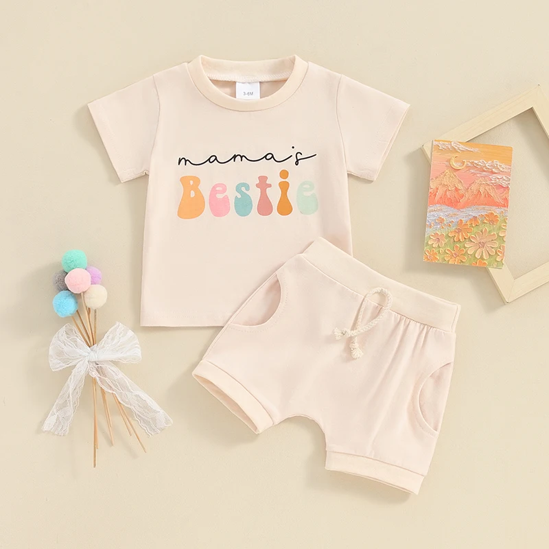 

2023-12-15 Lioraitiin 3M-3Y Baby Girls Clothes Set Short Sleeve Letters Print T-shirt with Elastic Waist Shorts Summer Outfit