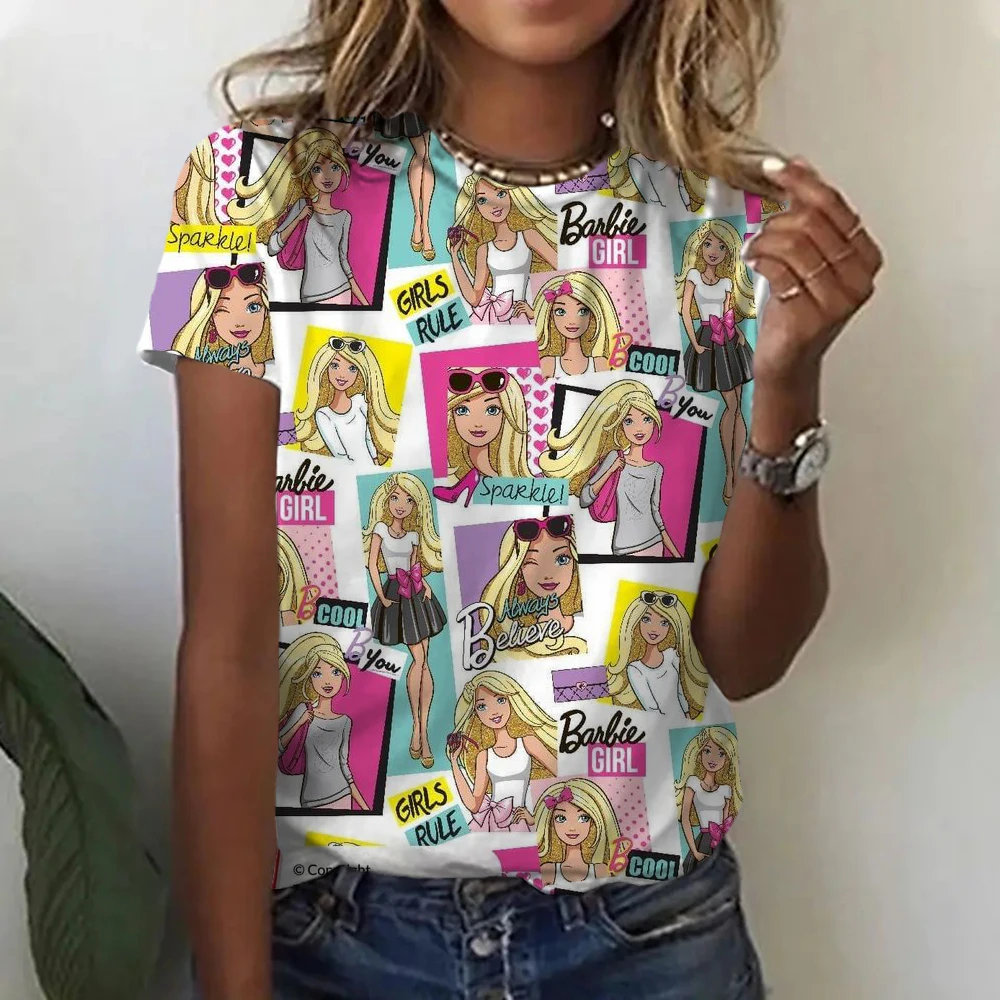 

Barbie Short Sleeves Fashion Ladies Printed Pullover Round Neck T-shirt Y2k Girls Loose Soft Summer Tops Versatile Yoga Clothes