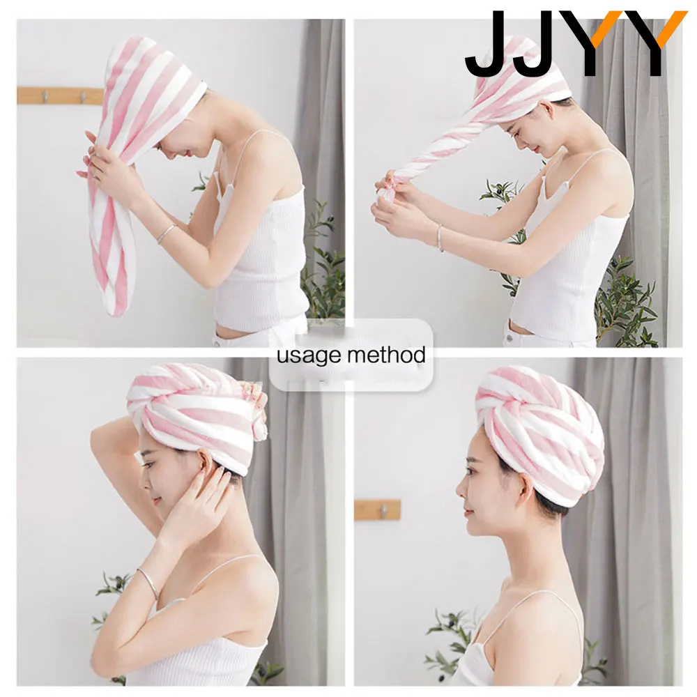 JJYY Microfiber Strong Absorbent Microfiber Dry Hair Towel Absorbent Quick Dry Striped Shower Cap  Bathroom Accessories