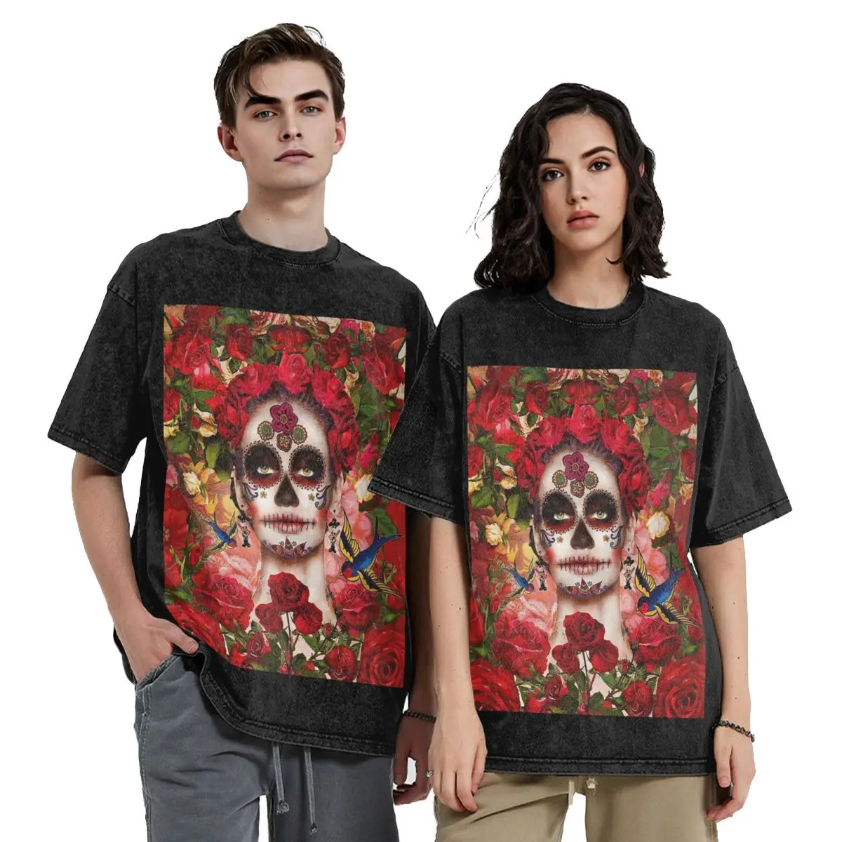 Mexican Catrina Girl Day Of The Dead Sugar Skull Washed T Shirts Short Sleeve Hip Hop T-Shirt Streetwear Tops Tees for Men Women