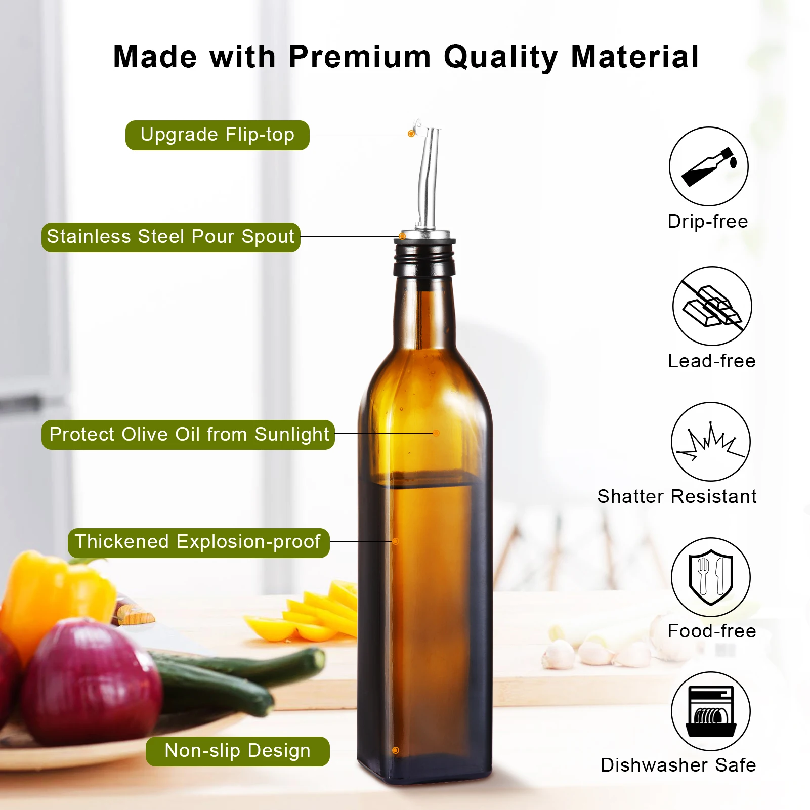 17oz Glass Olive Oil Dispenser Bottle 500ml Oil & Vinegar Cruet with Pourers and Funnel Oil Bottle For Kitchen Storing Liquids