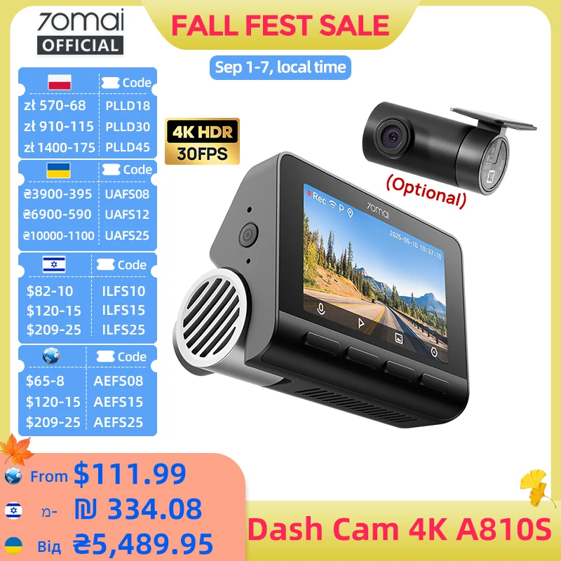 新商品　70mai A810S HDR SET 70mai A810S 4K Dash Cam 2-Ch GPS ADAS