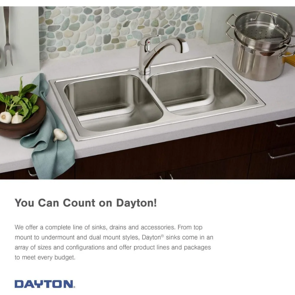 Elkay Dayton D225193 Equal Double Bowl Top Mount Stainless Steel Sink,25 x 19 x 6.5