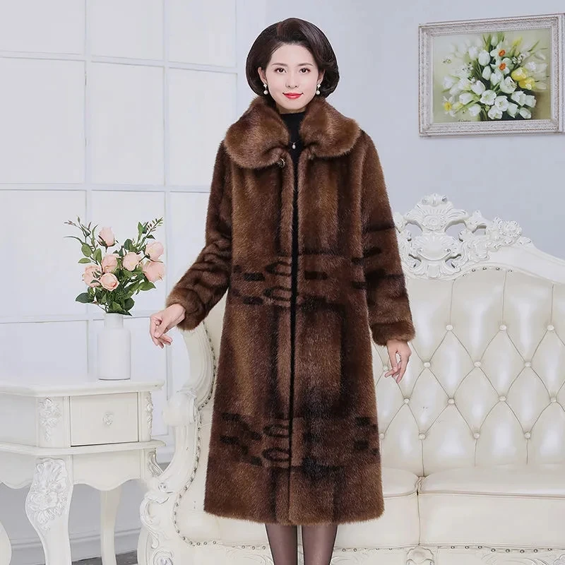 High Quality Mom's Long Fur Coat Winter New Warm Add Velvet Long Thicken Fawx Fur Overcoat Female Imitation Mink Fur Jacket 5XL