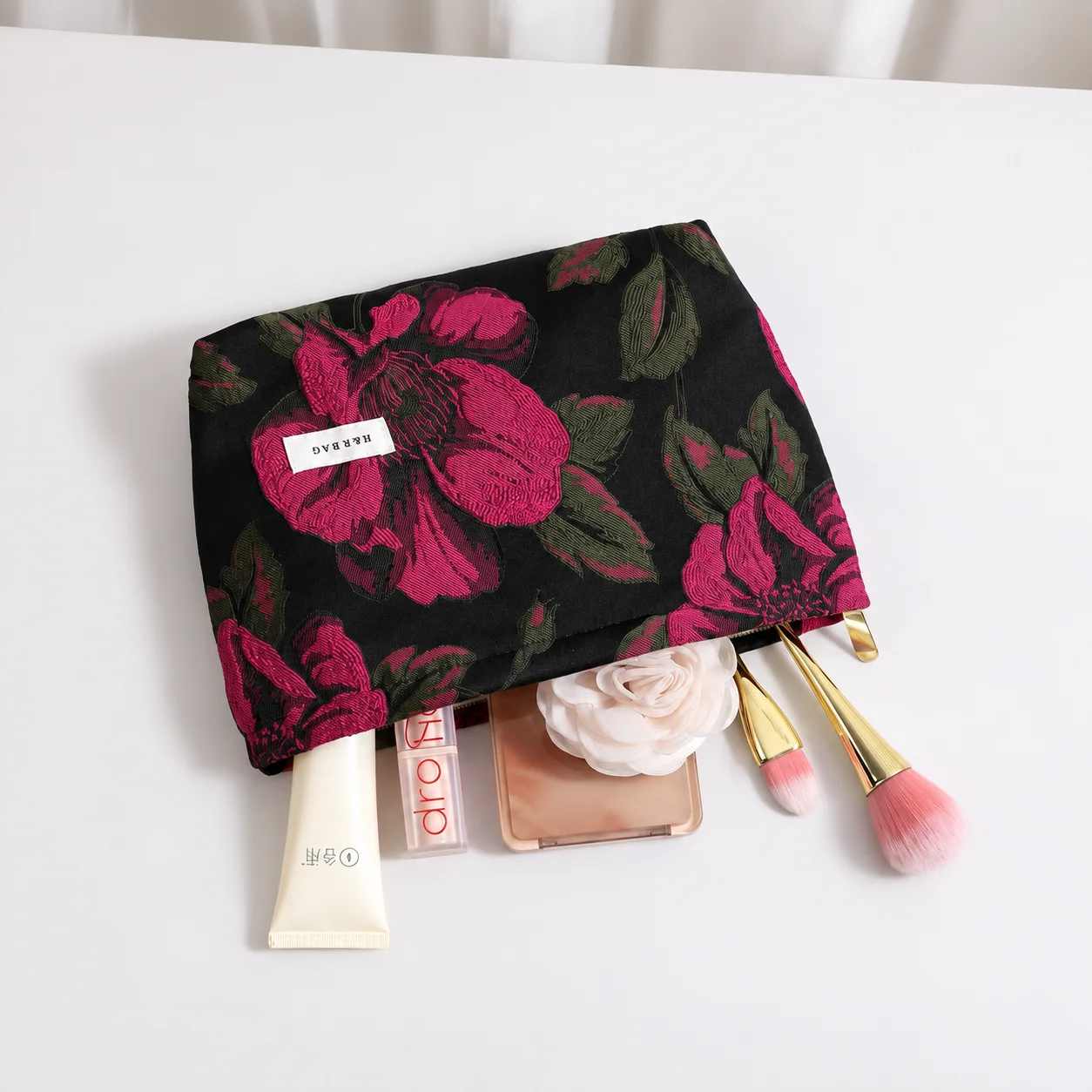 Zipper Cosmetic Bag Fresh Beauty Storage Bag Travel Storage Pouch Jacquard Portable Makeup Bag For Commuting Business Trip Inner