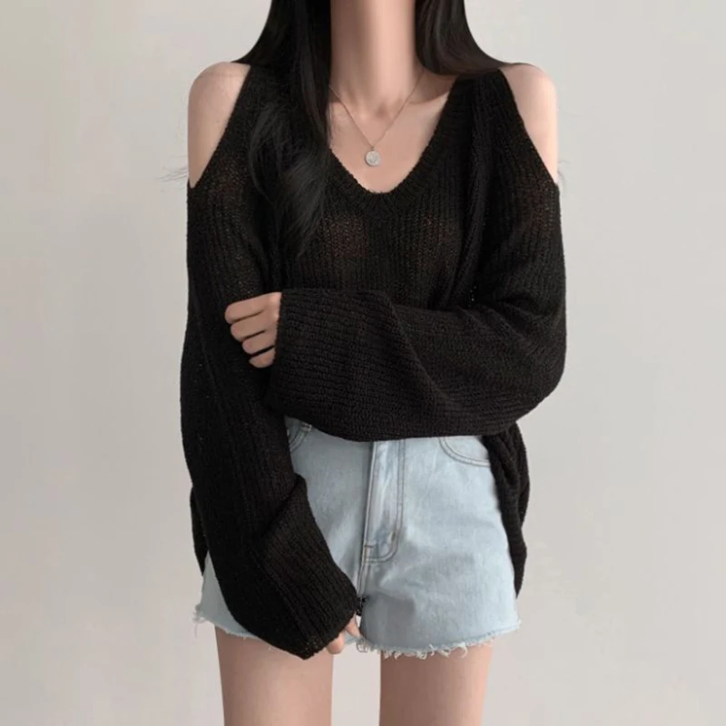 Fashion Loose Knitted Top Woman V-neck Off Shoulder Sweater Autumn Thin Knitwear Korean Style Casual Knit Pullover