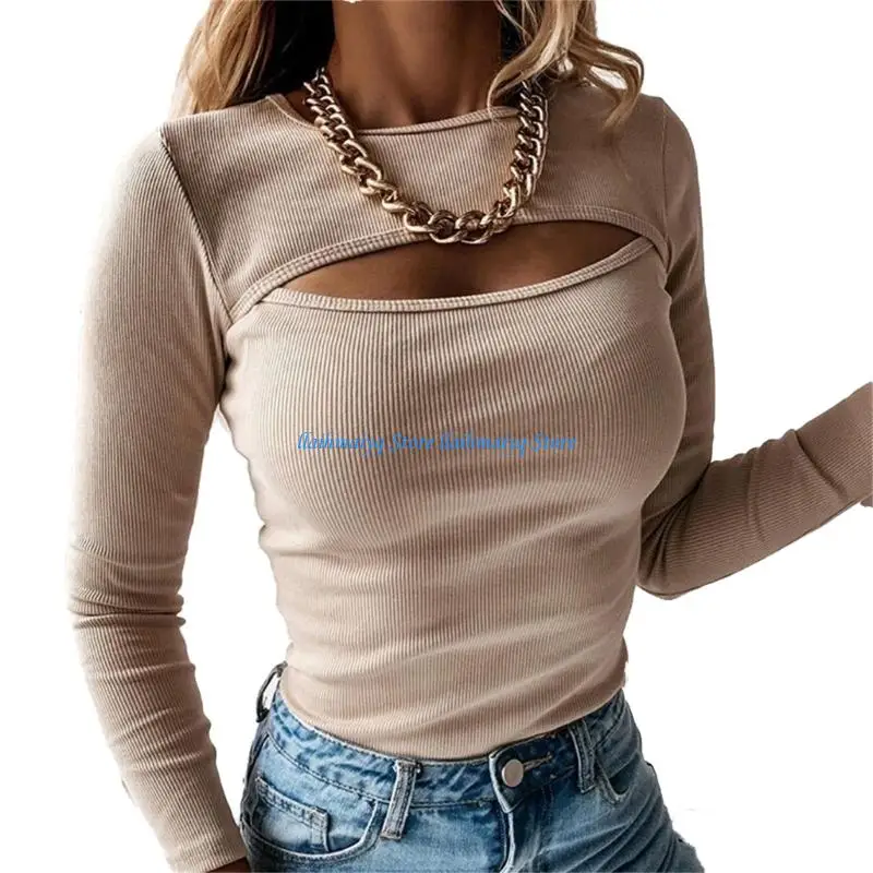 

573B Women's openwork sweater top, sexy long-sleeved round neck ribbed knit pullover, casual fit shirt