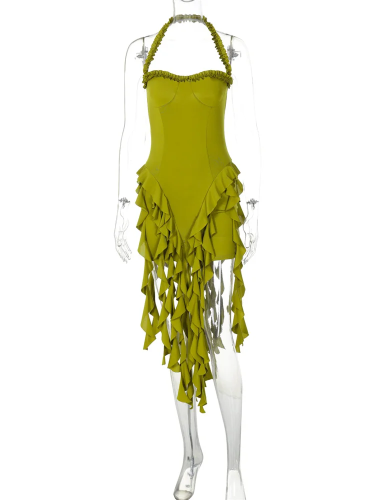 Ladies Summer Ruffle Fashion Evening Birthday Party Dress Women Sleeveless Backless Halter Mini Dresses Woman Clothes Clubwear