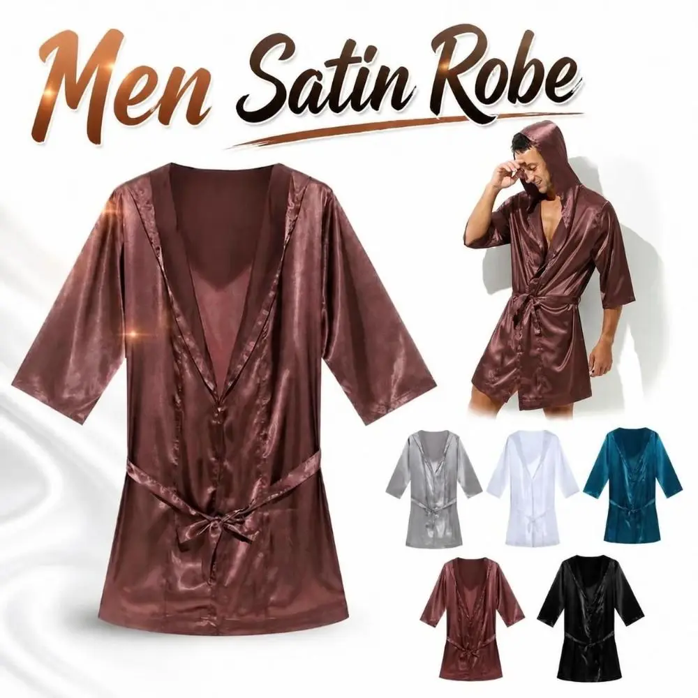 Simple Smooth Men Satin Robe Loose-fit Lightweight Silk Bathrobe Comfortable Short-sleeve Mens Dressing Gown Nightwear