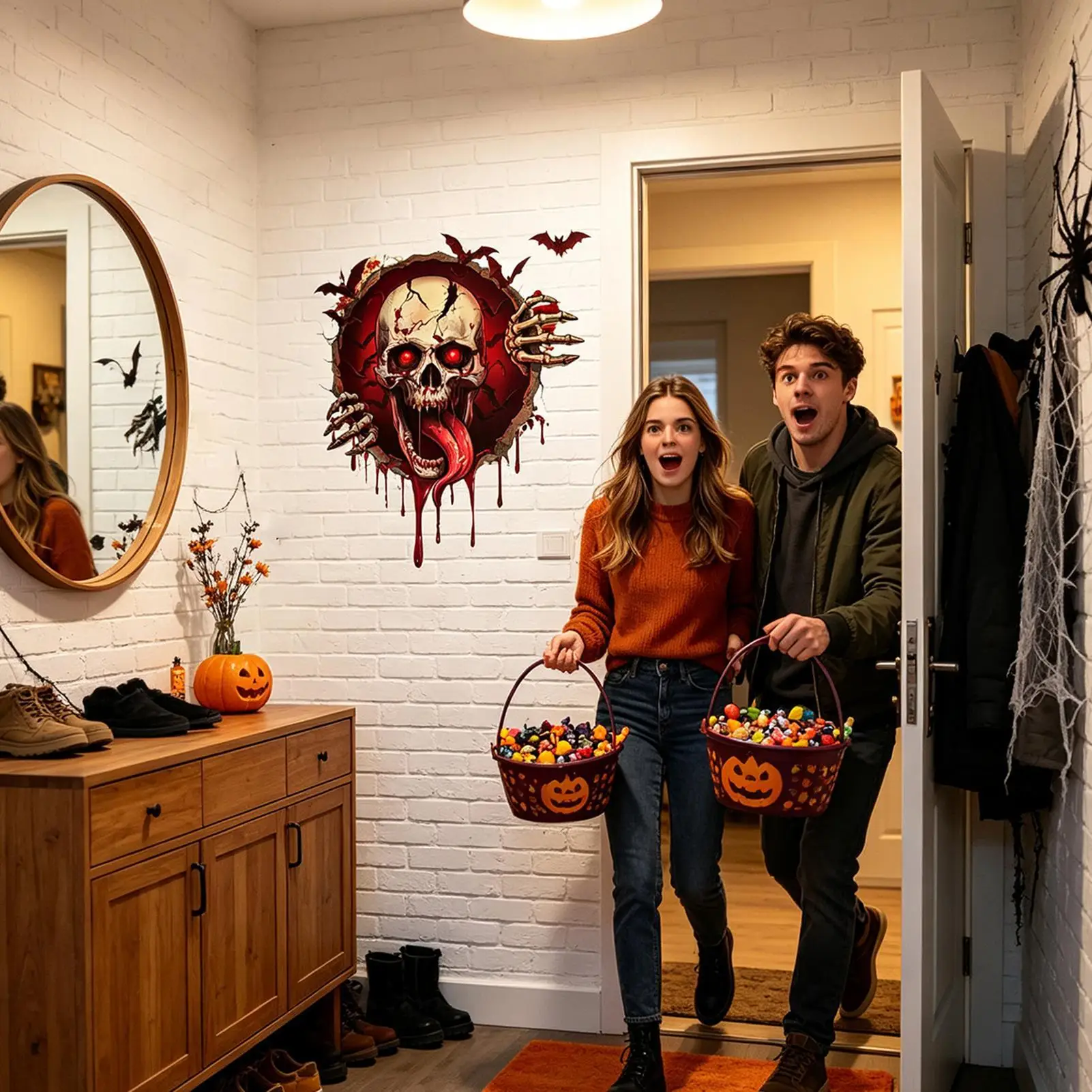 Gothic Halloween Wall Stickers Self-Adhesive Removable Scary Spooky Bloody Skull Bat Breaking Through Wall Art For Home Bedroom