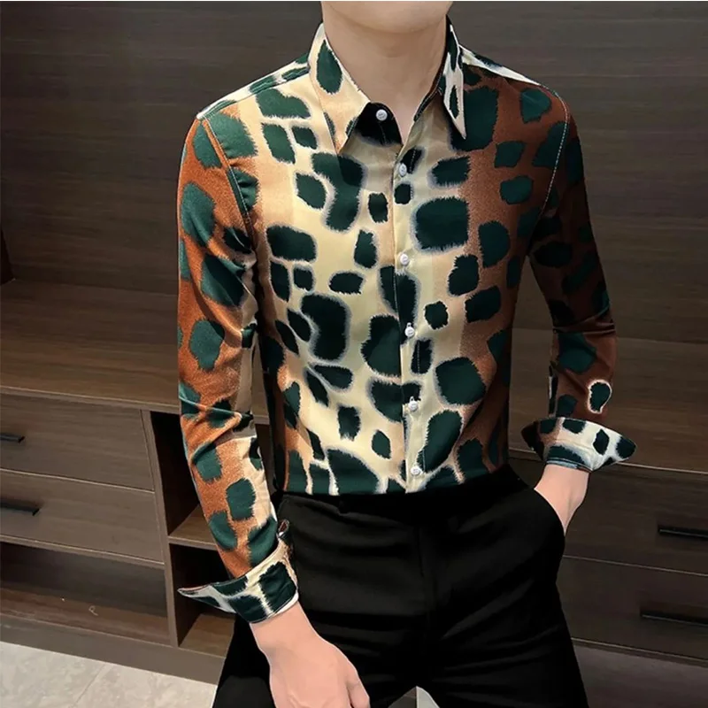 

Summer Loose Casual Handsome Oversized Korean Style Retro Men's Shirt Irregular Leopard Print Button Lapels Long Sleeve Y2K Tops