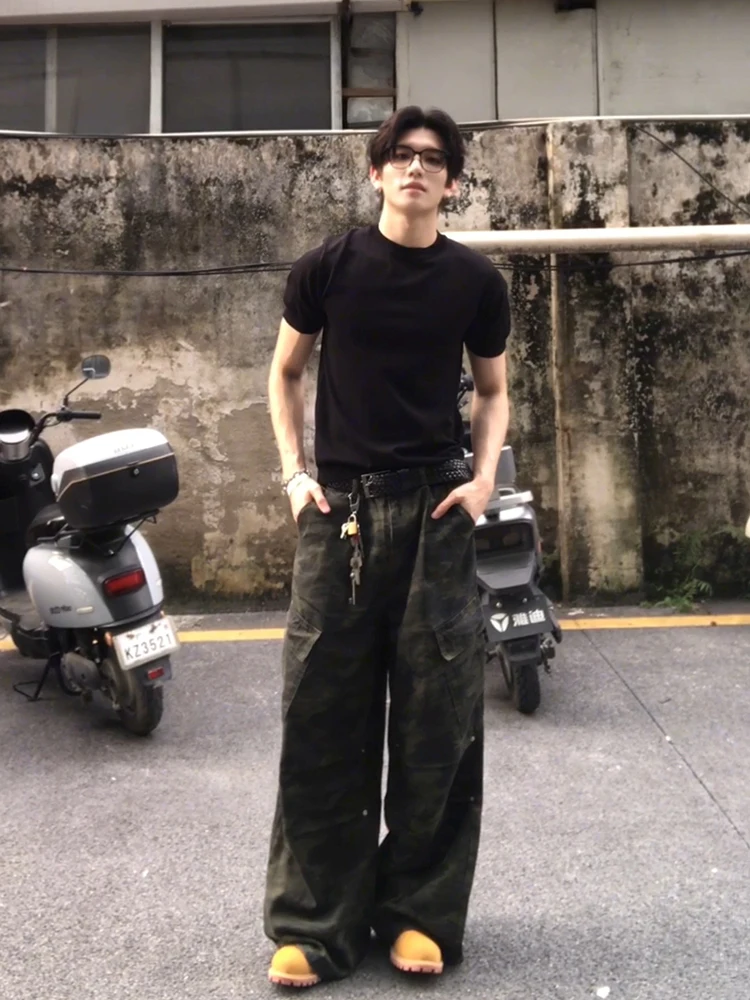 

American Retro Camouflage Workwear Jeans Men's Loose Straight Leg Casual Trousers Multiple kets Bell Bot
