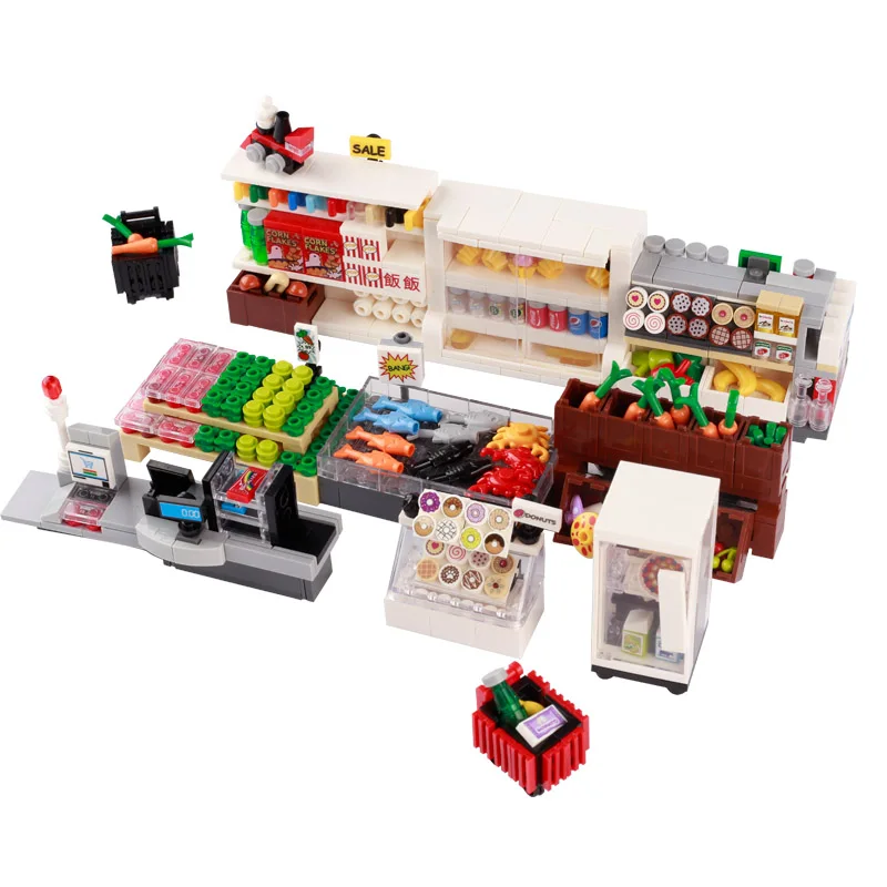 MOC City House Furniture Building Block Street View Fish Tank TV Refrigerator Sofa Food Drink Dessert Accessories Bricks Toy Boy