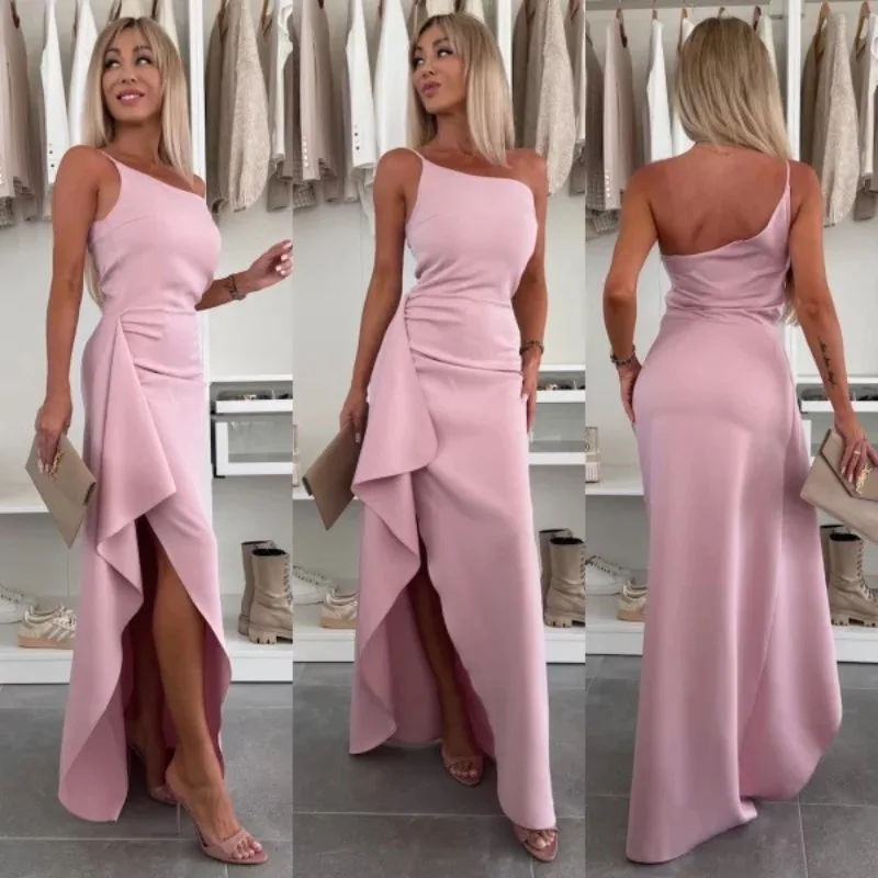 Abito da donna estivo con corsetto con volant Abito elegante con cinturino con spalle scoperte Pieghe con spacco sottile Abito da cocktail per ospiti di laurea