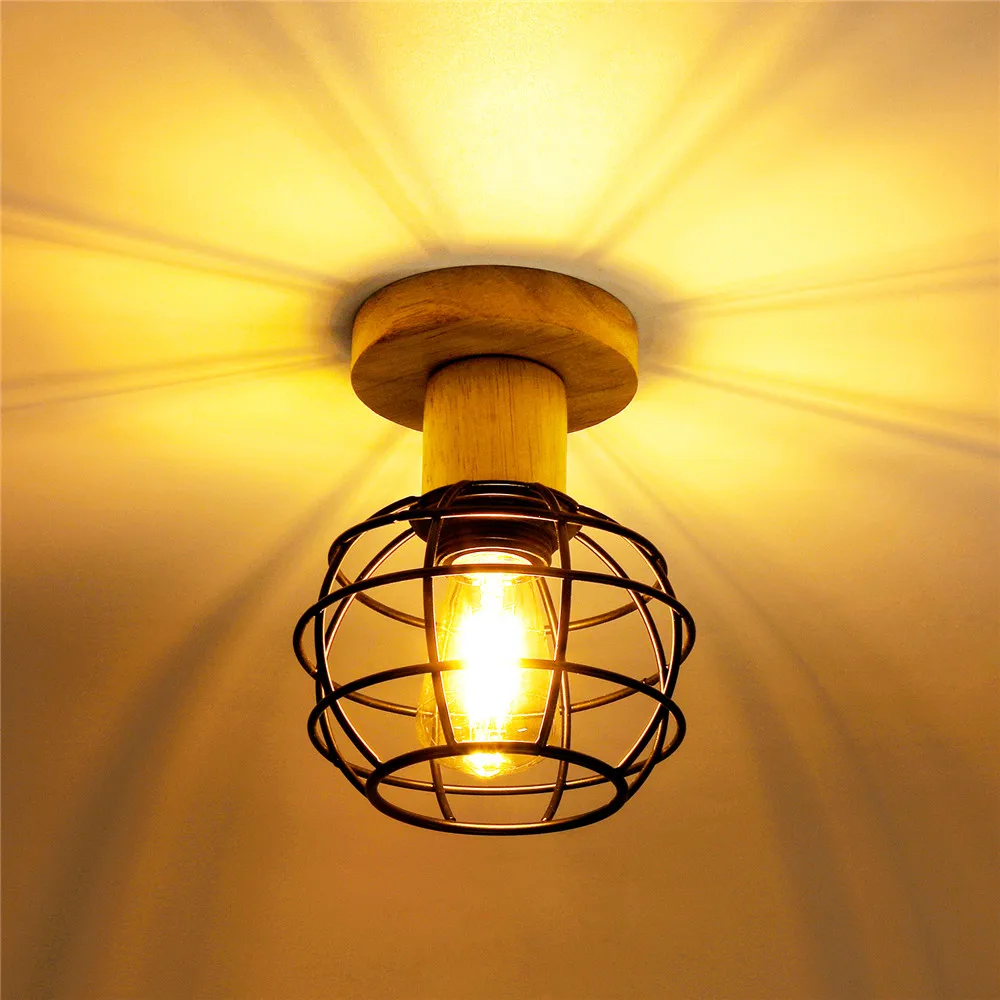 

Retro LED Ceiling Lamp Cozy Decor Bedroom E27 Vintage Ceiling Lights Fixture Wooden Metal Cage for Porch Aisle Corridor 110-220V