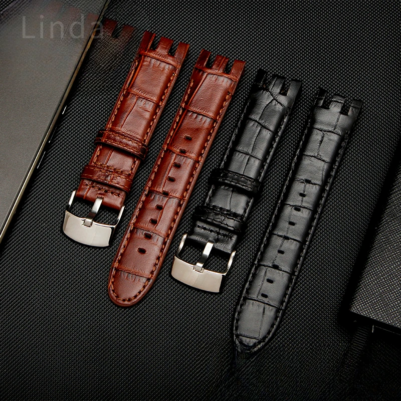 Genuine Leather Watch Band Original for Swatch Yrs403 412 402G Waterproof Sweatproof Men Curved Concave Replace Accessories