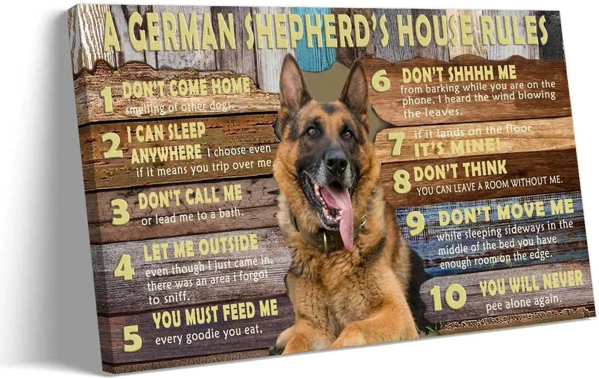 German Shepherd Wall Art Dog Poster Framed Quotes Vintage House Rules Funny Pet Prints For Room Decor ()