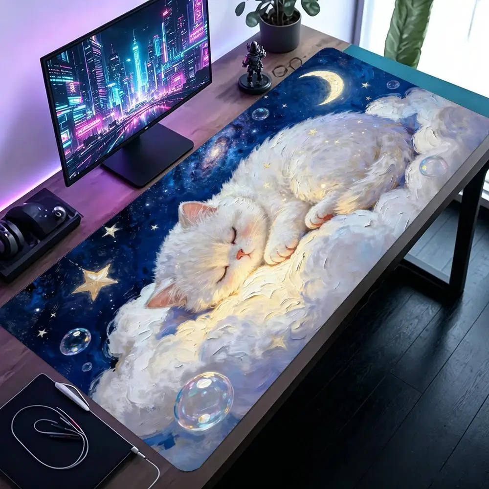 Fluffy White Kitten Sleep On Cloud Star Moon Sky Table Mat Compatible With Student Laptop Learning Games