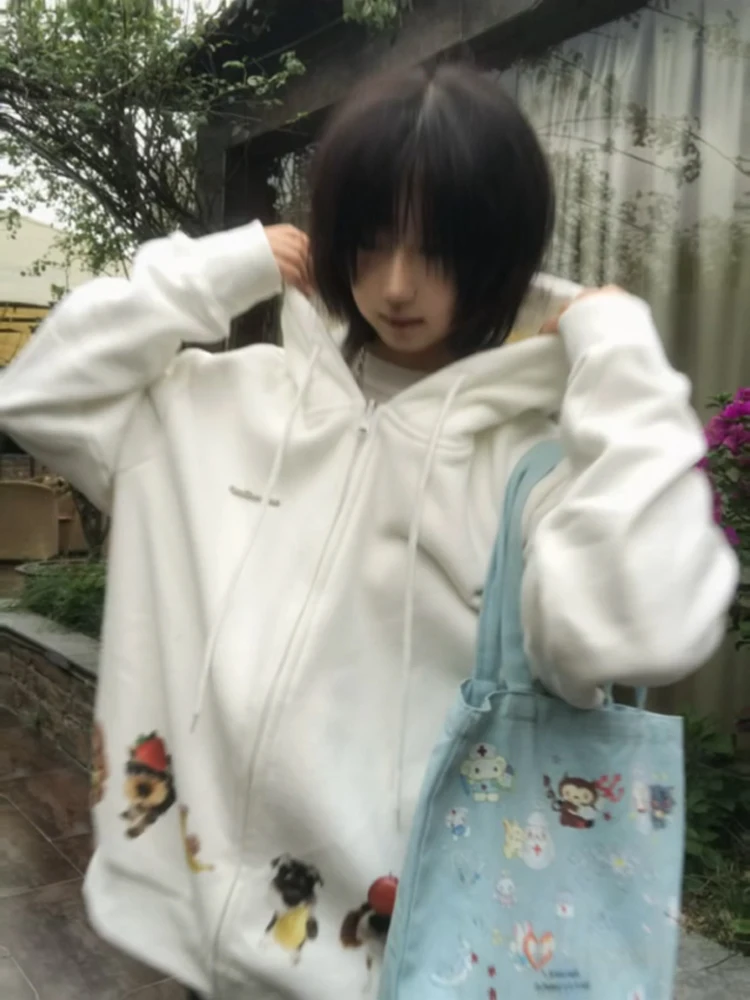 Niedlicher Kapuzenpullover mit Hundeknochen-Aufdruck für Damen, Übergröße, FCE-gefüttert, verdickte Herbst-Winter-Oberbekleidung, Strickjacke, lang, Sve-Reißverschluss