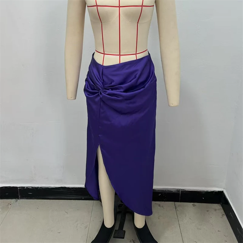 KEYANKETIAN letnia nowa damska fioletowa satynowa spódnica MIDI zamek błyskawiczny z tyłu wysoka talia plisowana dekoracja boczne rozcięcie spódnica do kostek
