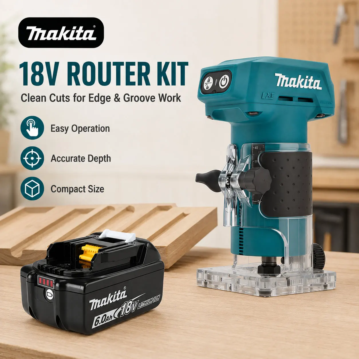 Robuster Makita DRT52 DRT52Z Akku-Kompaktfräser mit bürstenlosem Motor 18V LXT, für präzises Multi-Tasking, Kantenbearbeitung und Holzschlitzaufgaben unterschiedlicher Breite.