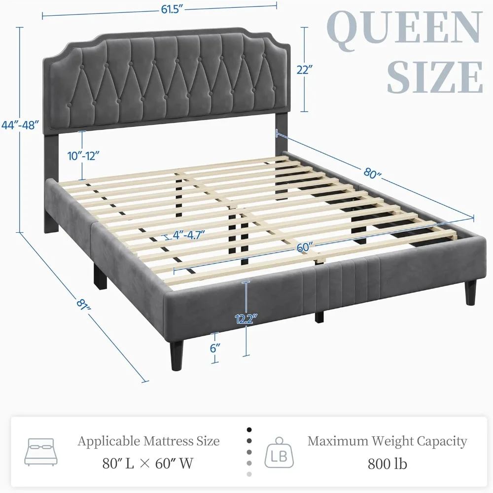 ベッドフレーム ベルベット布張りのプラットフォームベッド、湾曲したヘッドボード、高さ調節可能なヘッドボード/ノイズフリー/木製スラットサポート付き