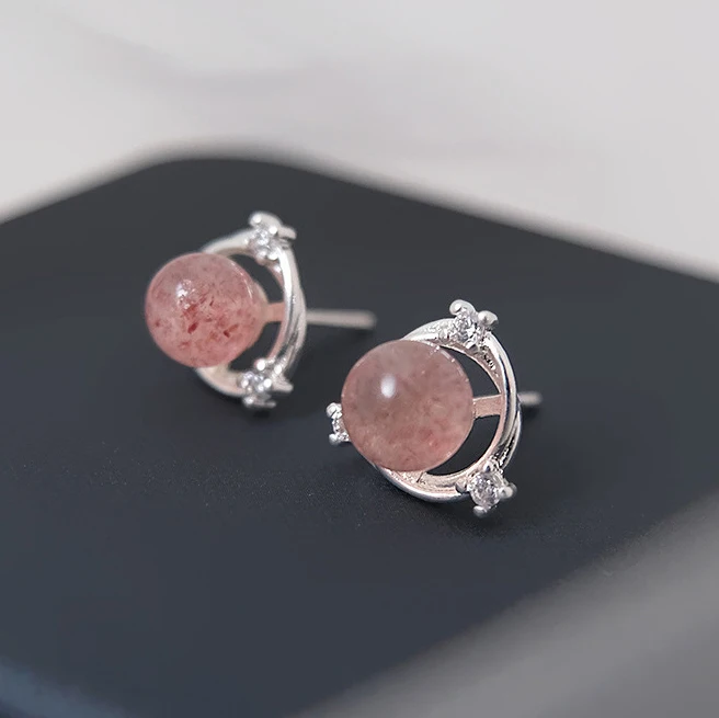 

MEETSOFT Tibetan Silver Zircon Strawberry Quartz Geometric Stud Earrings for Women Minimalist Fashion Jewelry Cute Accessories