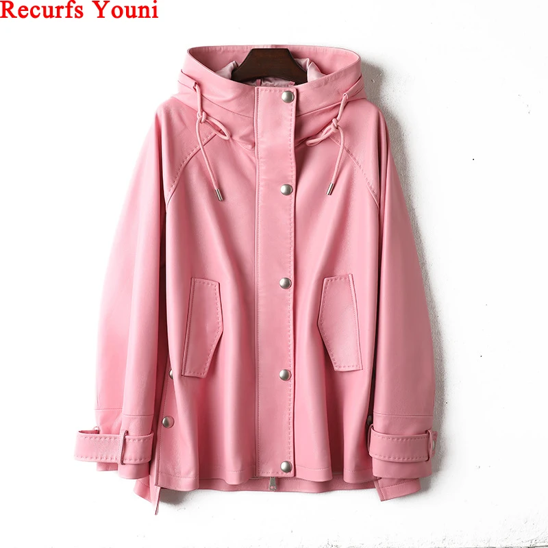 Leather Hooded Jacket For Women 2024 Autumn Winter 100% Sheepskin Loose Casual Windbreaker Chic Arch Needle Pink Outerwears