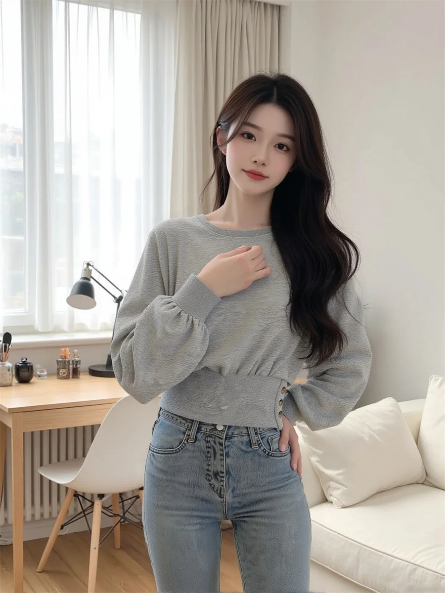 Moletom cinza sem capuz feminino, manga longa, tecido misturado modal, elástico, confortável, respirável, amigável à pele, qualidade alta