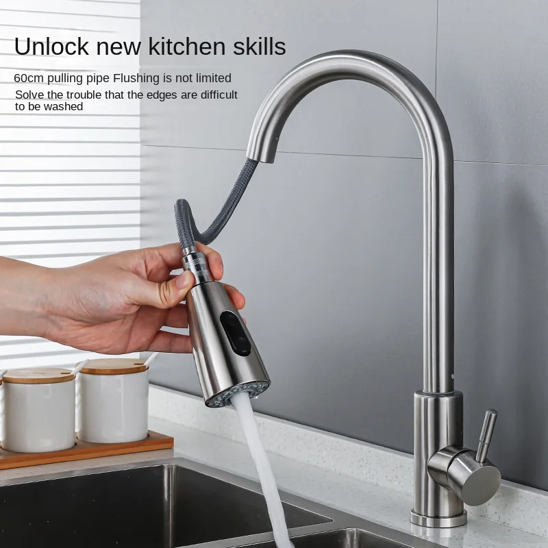 Kitchen Hot and Cold Sink Faucet 304 Stainless Steel Pull Faucet Universal Telescopic Faucet for Vegetable Washing Basin