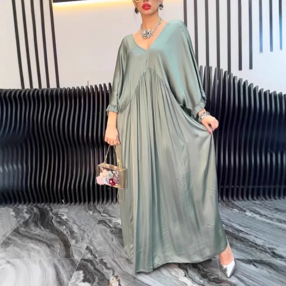 

Middle East Foreign Trade 2026 Summer European And American Cross-Border Amazon Fashion Casual Satin Ruffle Sleeve Pleated Long