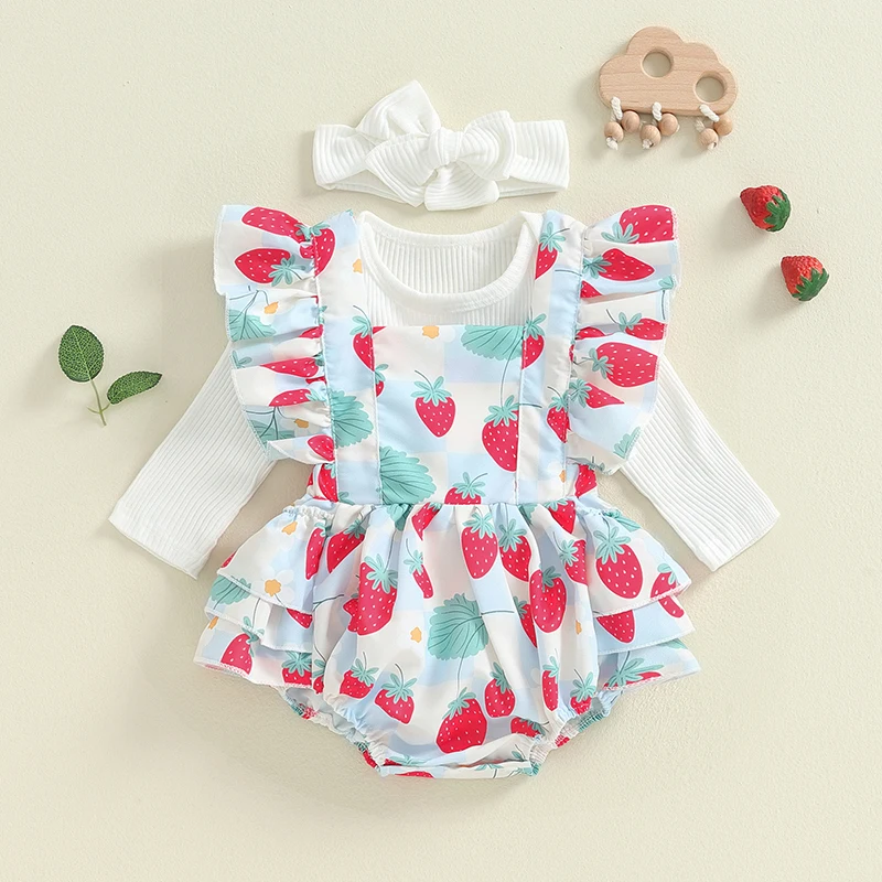 Suefunskry Baby Girl Fall Outfits Solid Color Ribbed Knit Romper Ruffles Floral Print Suspender Shorts Headband 3Pcs Clothes Set