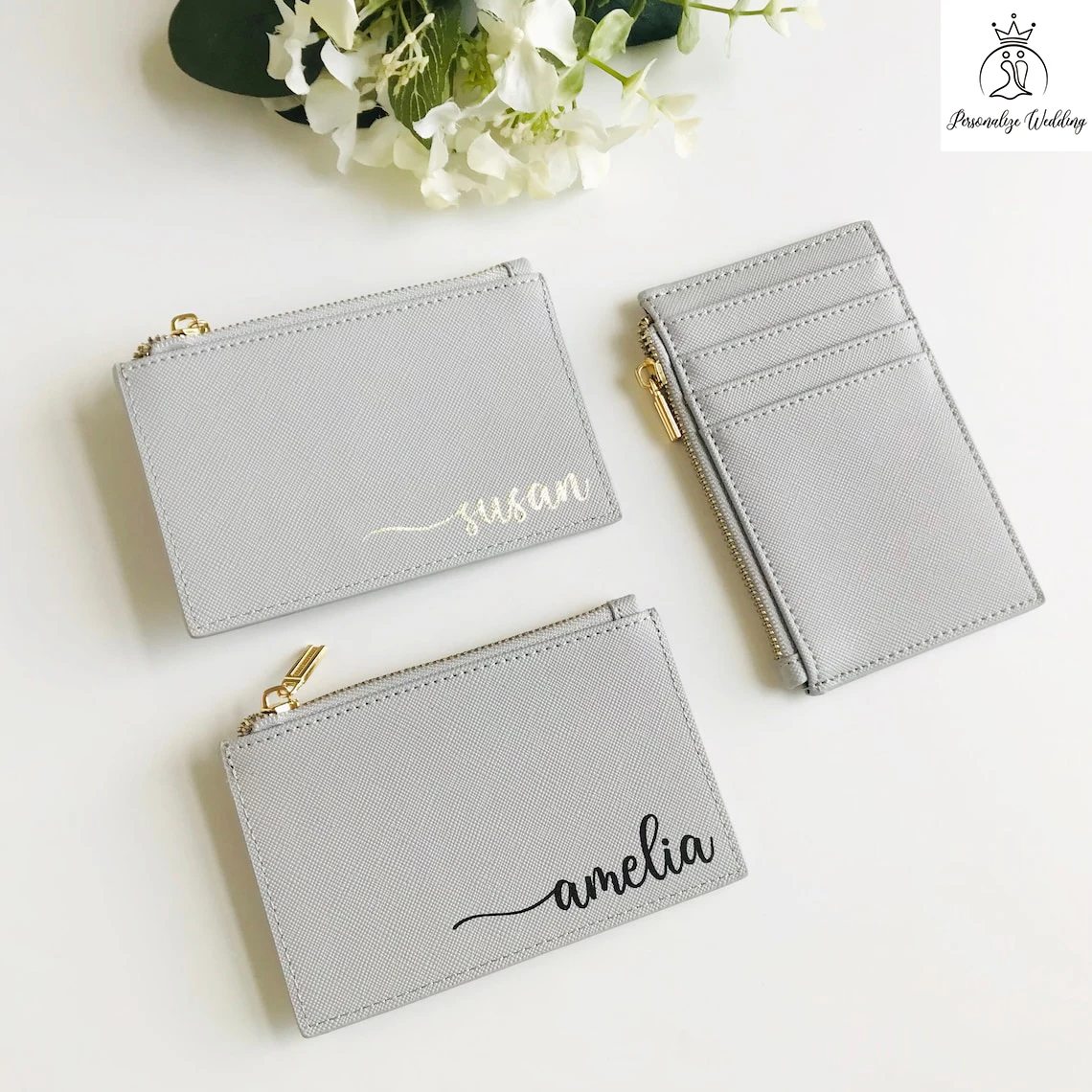 Personalized card holder with zip, Vegan leather card holder, monogram card holder, Bridesmaid gift, custom coin purse wallet