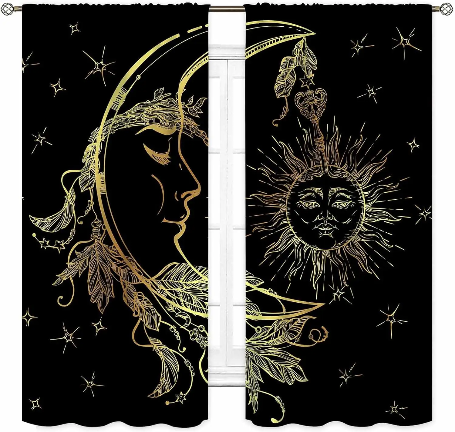 Gothic Sun Moon Curtains,Black Gold Witchy Moon Phase Celestial Tarot Constellation Mystical Star Boho Window Drapery Treatments