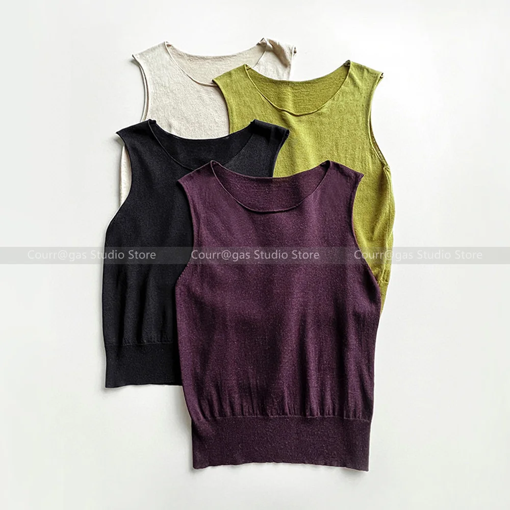 

Spanish niche Simple thin section 16 needle linen blend sleeveless knitted vest