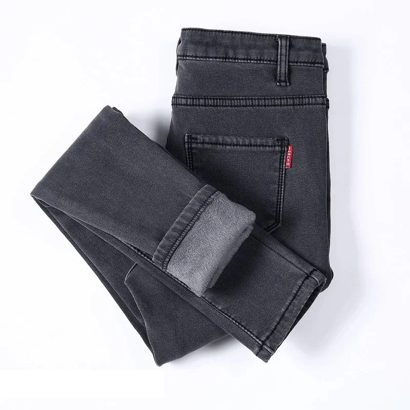 Fleece Lined High Waist Jeans Women Winter Thickened Slim Fit Long Trousers Warm Bootcut Denim Pants Korean Style Outerwear