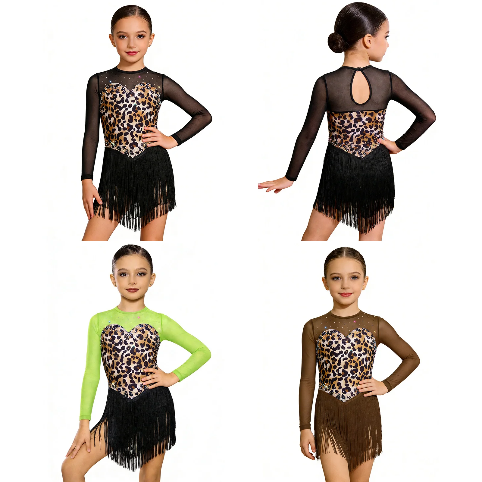 Girls Tassel Latin Dance Bodysuit Jazz Cha-cha Tango Samba Rumba Salsa Clothes Long Sleeve Leopard Rhinestone Mesh Leotard Dress