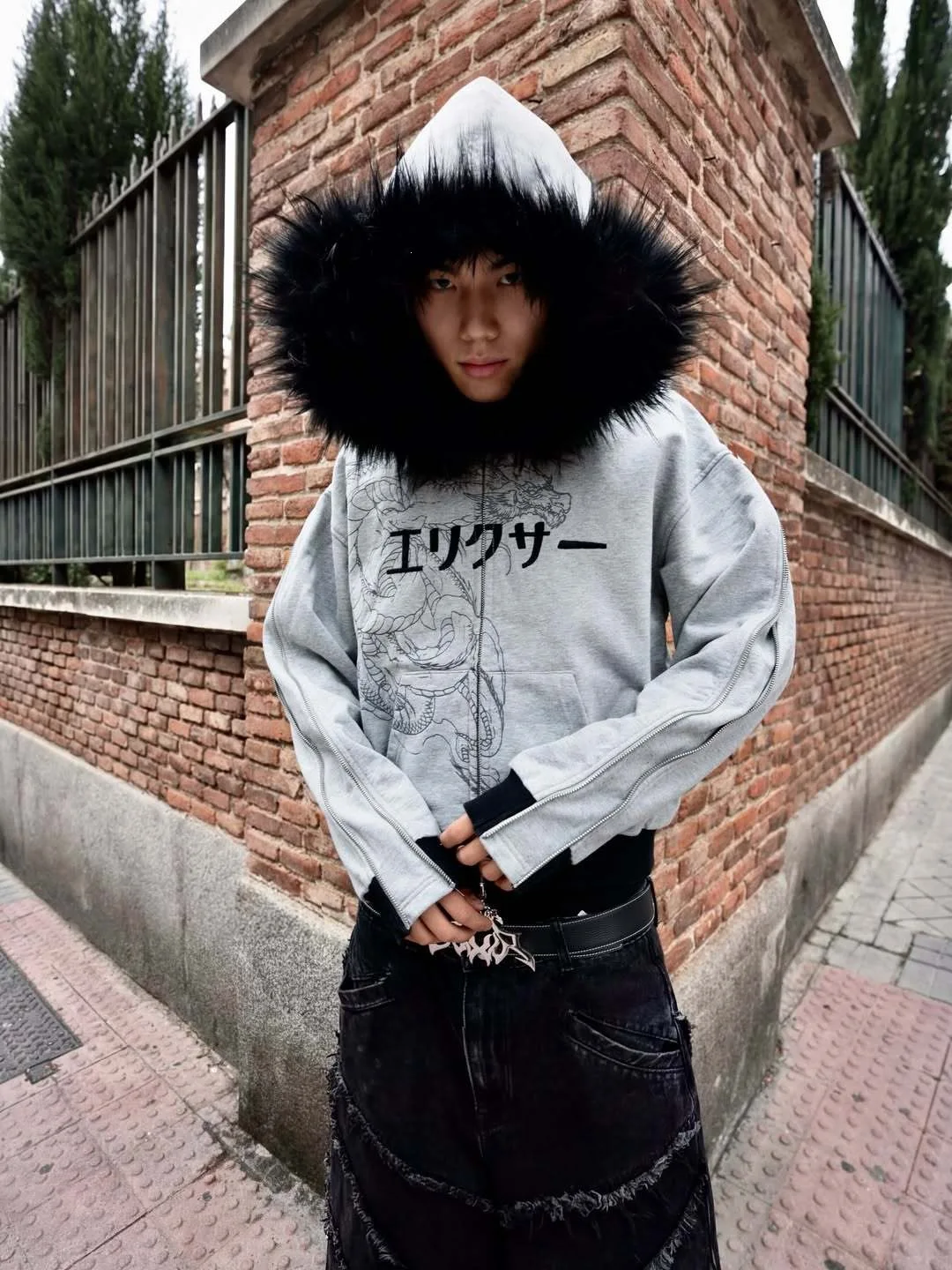 Fashion personality hooded sweater fur collar design in high street in autumn and winter Y2K Japanese printed pattern is unisex. - view 2