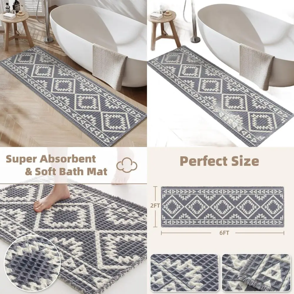 

Серый и кремовый вафельный коврик для ванной, 24x72, супервпитывающий, нескользящий с кисточками, можно стирать в машине