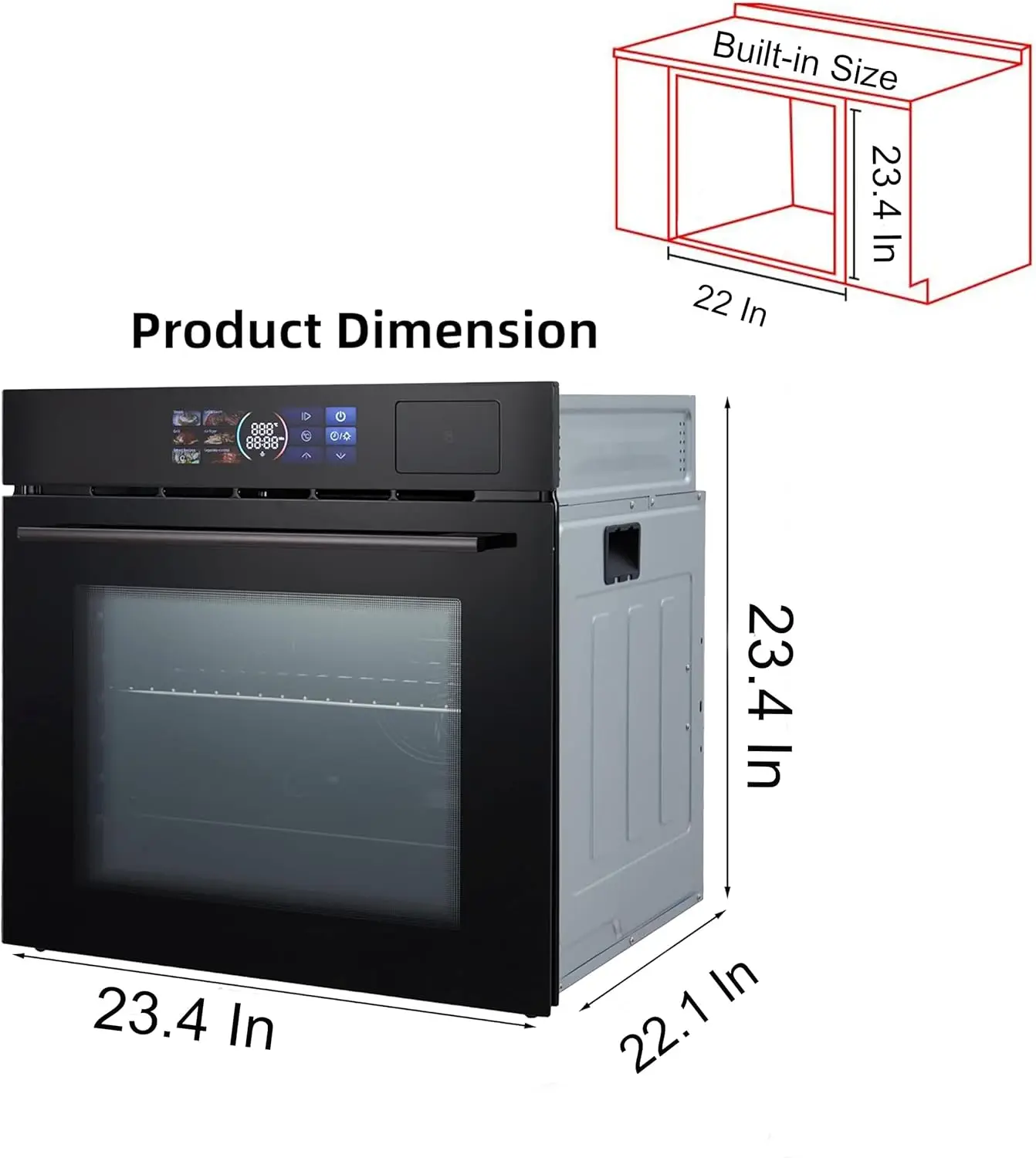 أفران كهربائية مدمجة 24 بوصة بسعة 70 لتر، فرن حائط واحد 3000 وات مع نافذة عرض، فرن بخار وشواية، 8 وظائف للطهي