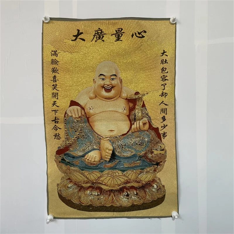 

Old Silk Thangka Style Hanging Painting Portrait of Big bellied Buddha Traditional Artwork Decorative Wall Hanging