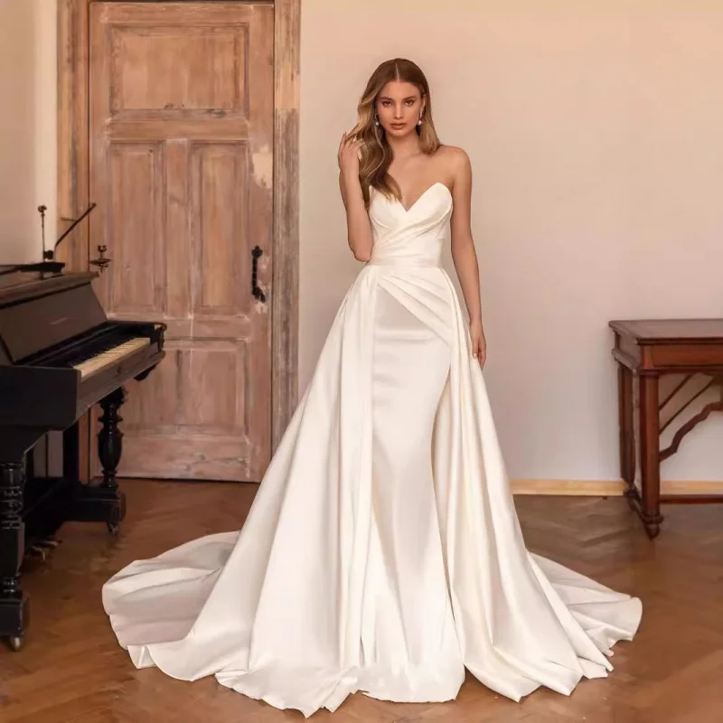 

New Foreign Trade Two-Way Wear Bodycon Satin Strapless Gown Detachable Train Wedding Dress Elegant Temperament Queen Banquet Dre