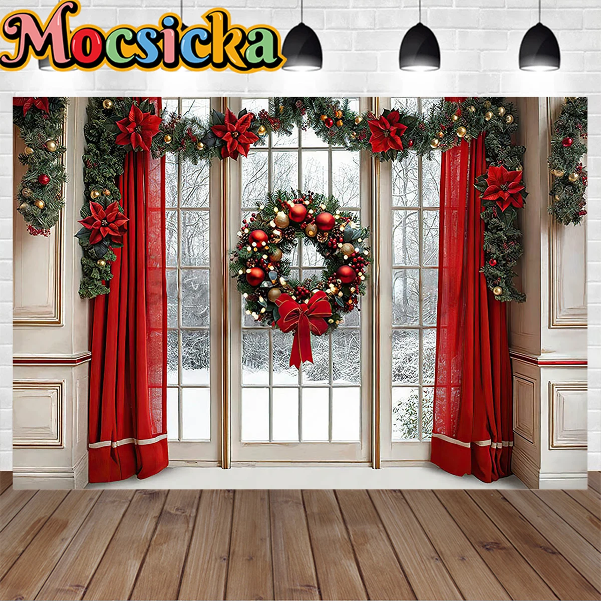 

Mocsicka Christmas Room Window Background Photography Red Xmas Wreath White Backdrop Winter Snowflake Decor Family Indoor Photo