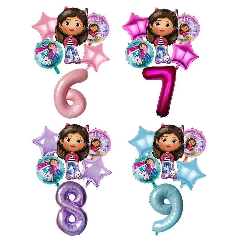 6pcs Gabby Dollhouse Pink Purple Number Balloon 1 2 3 4 5 st Girl Birthday Party Decoration Baby Shower Supplies Kids Toy Globos