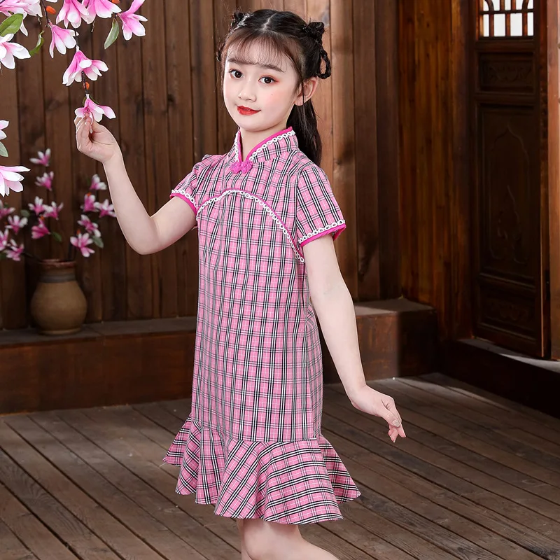 Chinese Kid Child Girl Checkered Cheongsam Dress girls Qipao Cotton Dress New Year gift Party Evening Wear