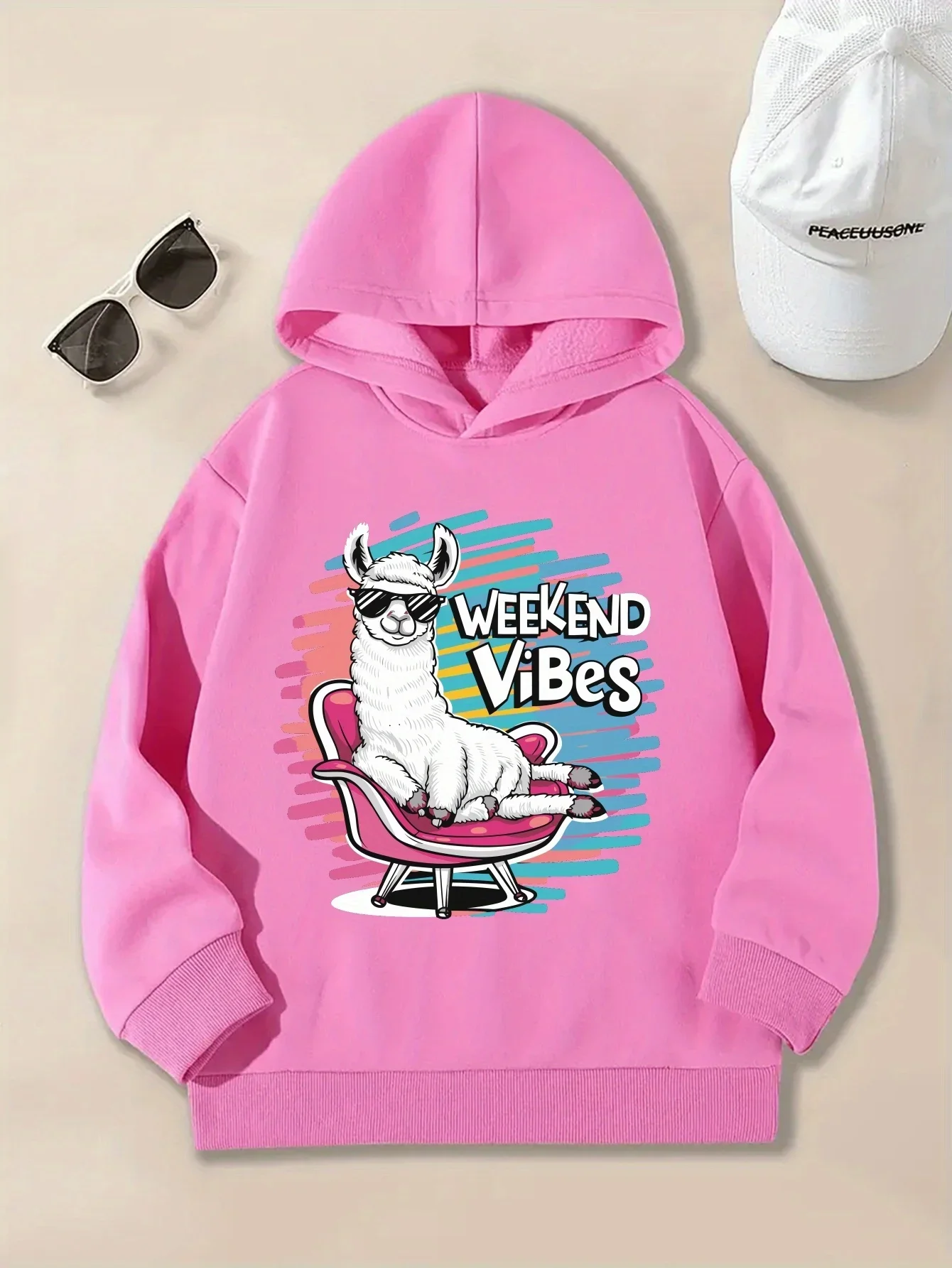 Weekend Vibes Cool Llama Kids Hoodie Autumn Winter Fleece Warm Sunglasses Graphic Print Casual Pullover Sweatshirt
