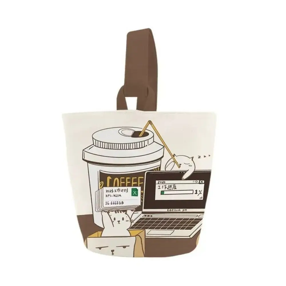 

Large Capacity Cartoon Coffee Cat Bucket Bag Canvas Handbag Shopping Bags Mummy Bag Tote Bag Korean Style Lunch Bag Women