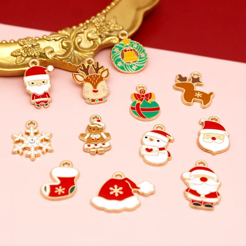 10pcs Enamel Red Christmas Charms Snowman Santa Claus Gingerbread Man Bell Ball DIY Jewelry Earring Necklace Pendants