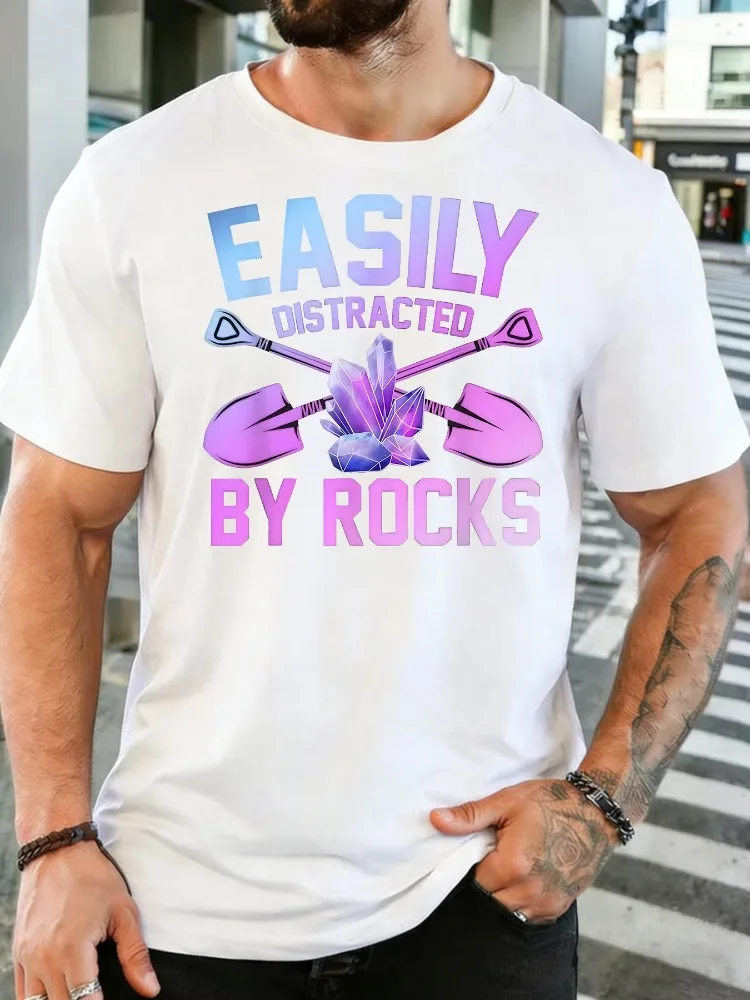 Easily Distracted By Rocks Crystal Shovel Mens Tee Geology Print Crew Neck Short Sleeve Soft Loose Daily Summer Male Casual Top
